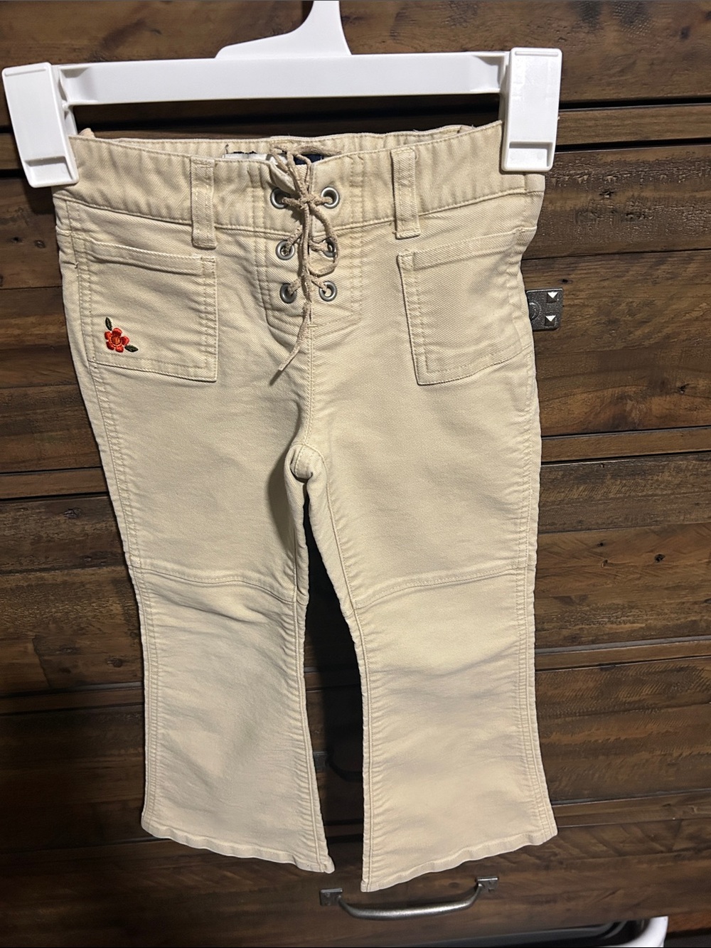 Vintage GAP Kids Khaki Jean Lace Up Flare. Floral detail. Side zipper. Boho. Y2K